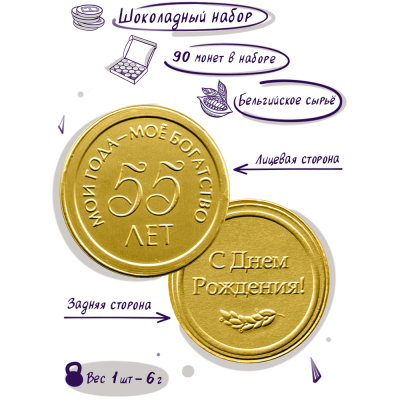 Шоколадные монеты "С днем рождения! 55 лет", 90 шт. по 6 гр.