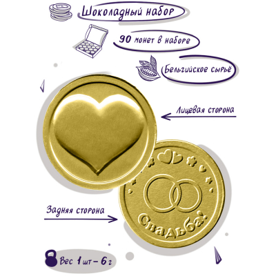 Шоколадные монеты "Подарочный набор на свадьбу", 90шт по 6гр