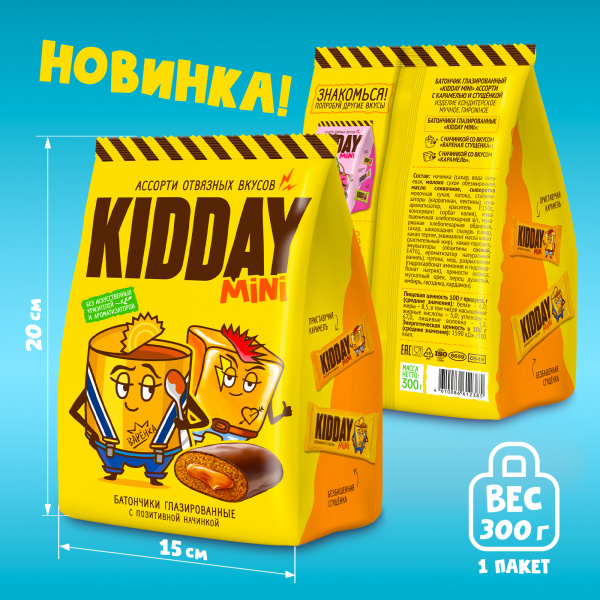 Батончик глазированный KIDDAY mini ассорти карамель и сгущенка, 300г