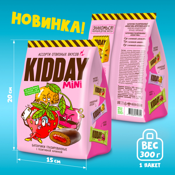 Батончик глазированный KIDDAY mini фруктовое ассорти, 300г