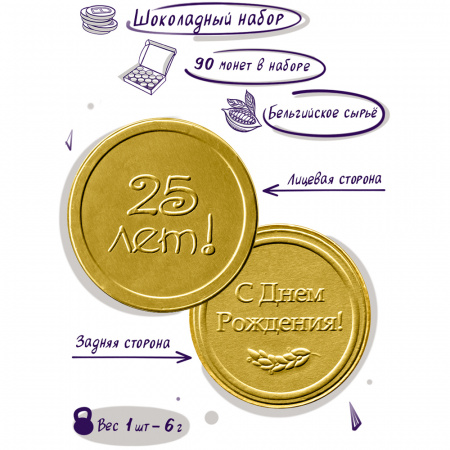 Шоколадные монеты "25 лет день рождения", 90 шт. по 6 гр.