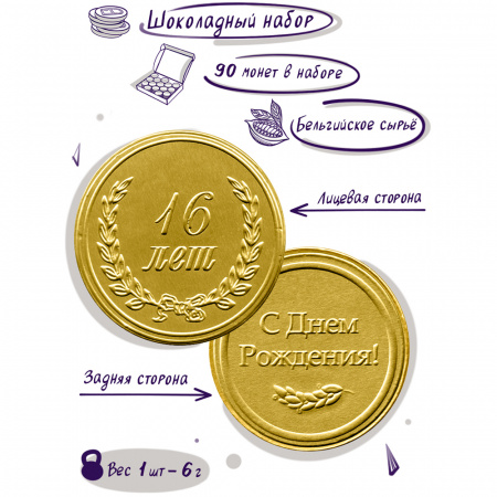 Шоколадные монеты "С днем рождения! 16 лет", 90 шт. по 6 гр.